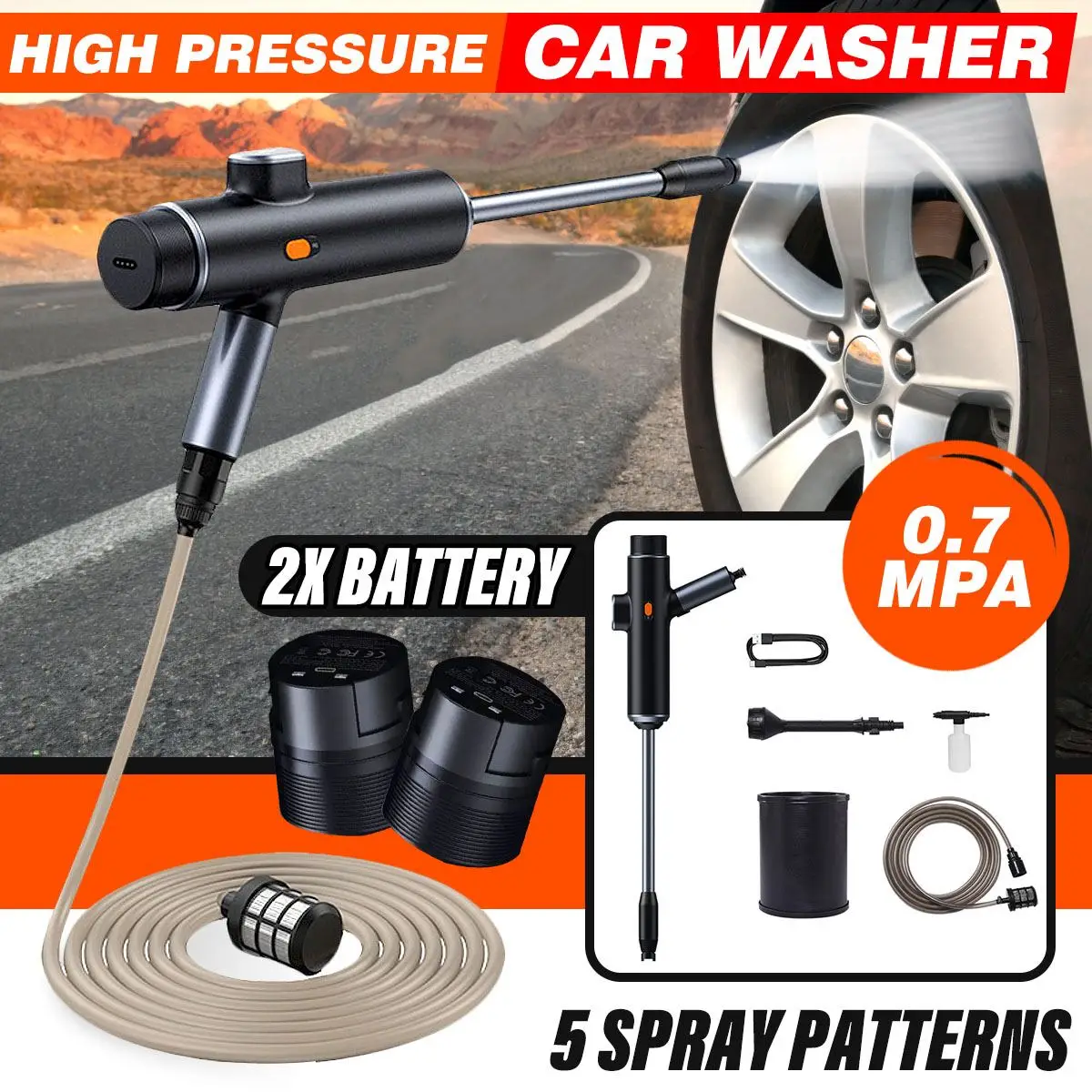 

NEW 600W 0.7MPa High Pressure Car Washer Cleaner Waterproof Auto Water Spray Electric Washing Machine Foam Gun Tools USB IPX4