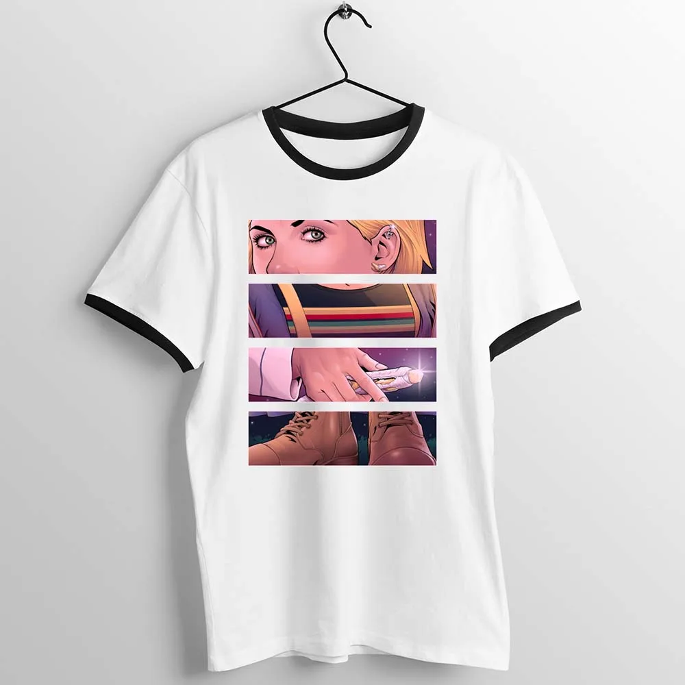 Женская футболка с черной отделкой тринадцатая Доктор Кто такая девушка