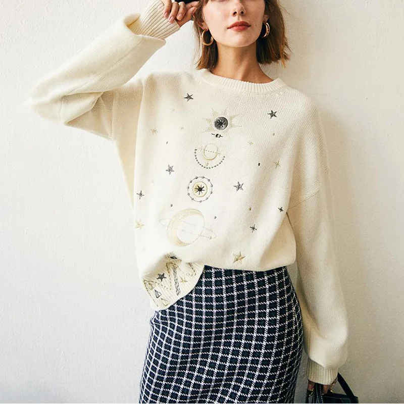 Женский свитер оверсайз повседневный Свободный пуловер с вышивкой звездного