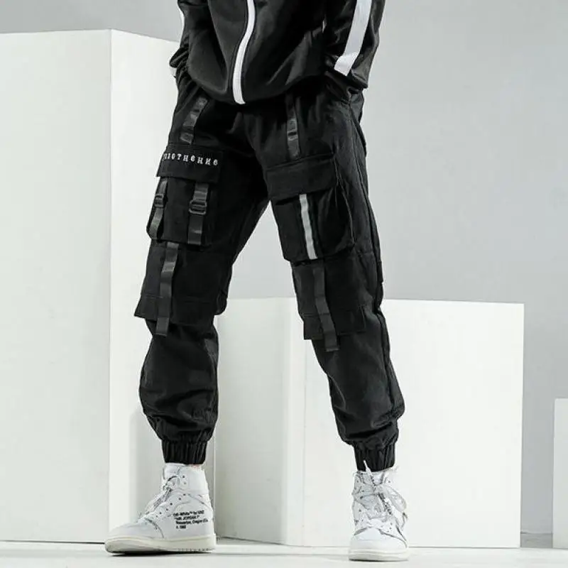 

Techwear Pants Streetwear Men's Black Harem Overalls Ribbon Men's Sports Pants Multi-pocket Men's Casual Pants Hip-hop Jogger