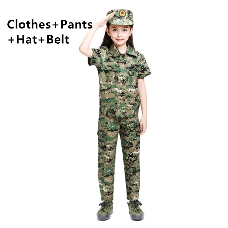 Color4 set Детская военная форма, одежда для скаутинга в армейском стиле, камуфляжная детская одежда для костюмированной вечеринки+ штаны+ шляпа+ пояс, комплект для мальчиков и девочек, праздничные костюмы - Цвет: Color4 set