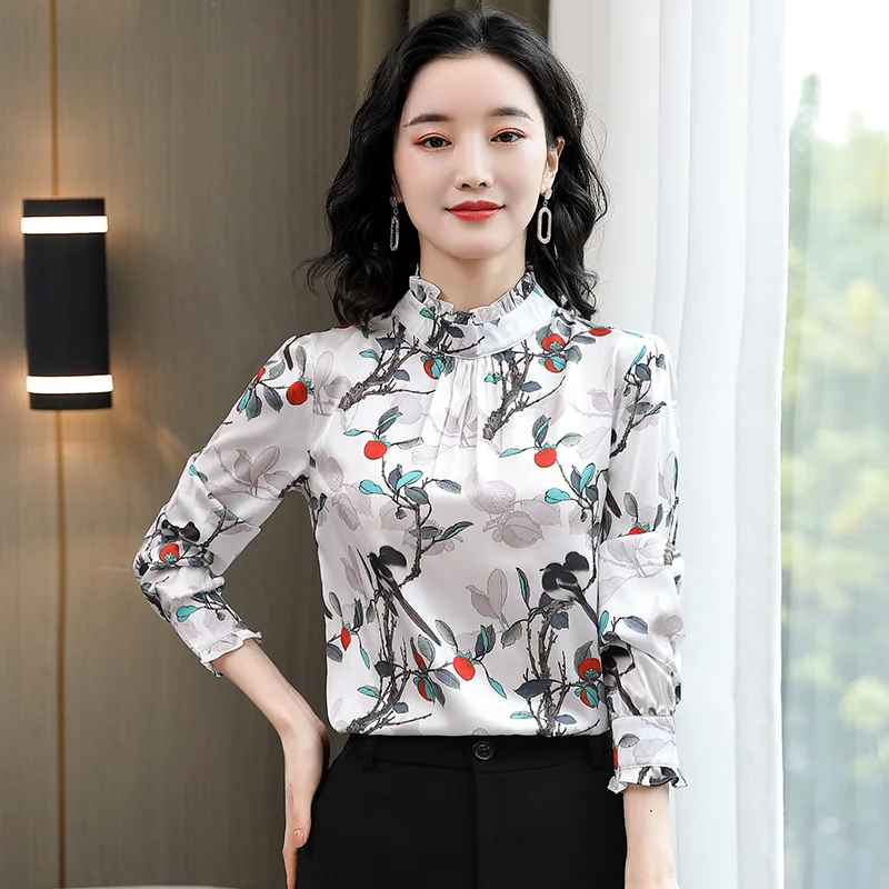 

Silk Slim Women's Blouses Long Sleeve Top New Casual Blouse Printing Ruffled Pullover Spring/autumn Fashion Shirts Houthion