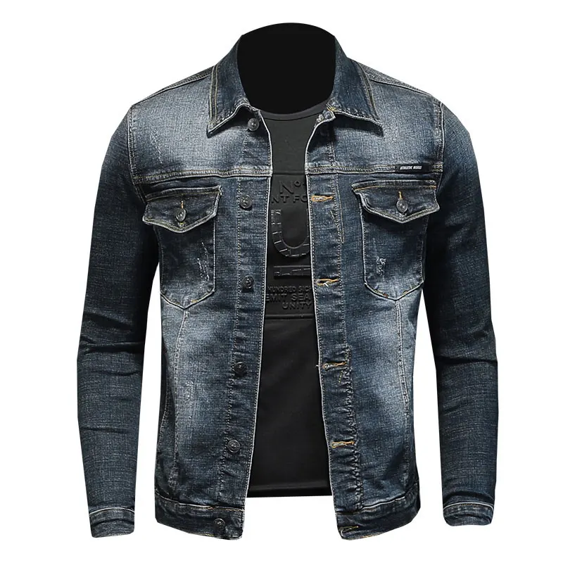 

2021 Retro Denim Jacket Men Free Shipping Turndown Collar Long Sleeve Elasticity Slim Blue Bomber Jeans Coat Cowboy Male Brand