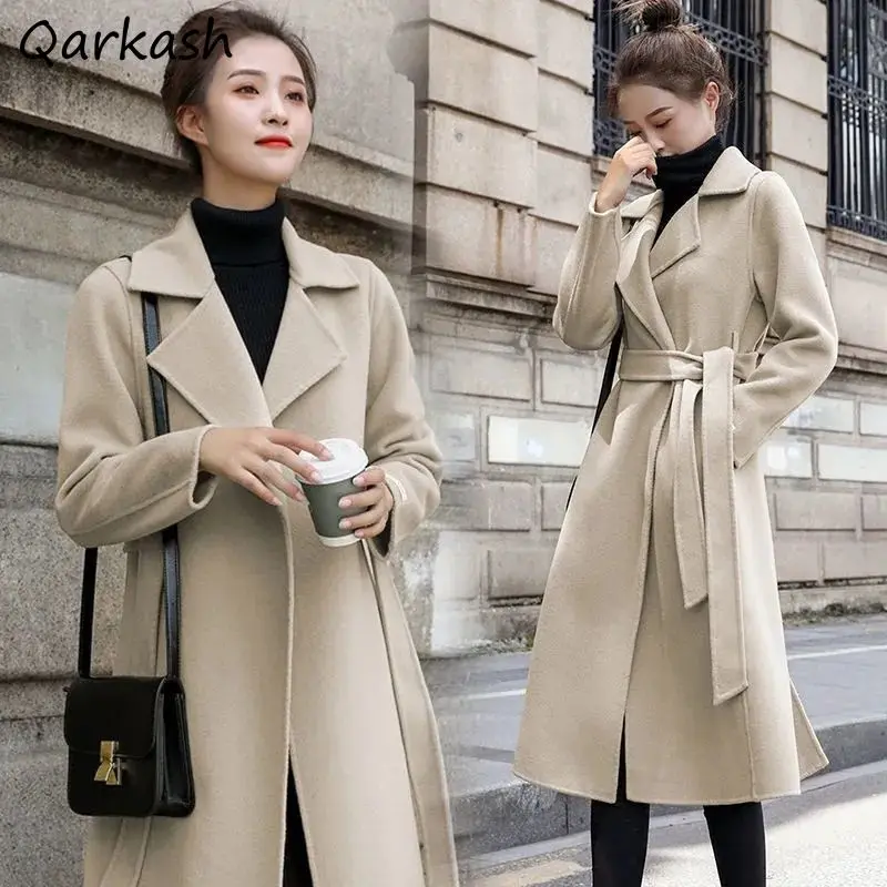 

Trench Women Retro Long Sleeved Coat Outwear Solid All-match High Waist Design Temperament Ladies Autumn Clothes Fashion Loose