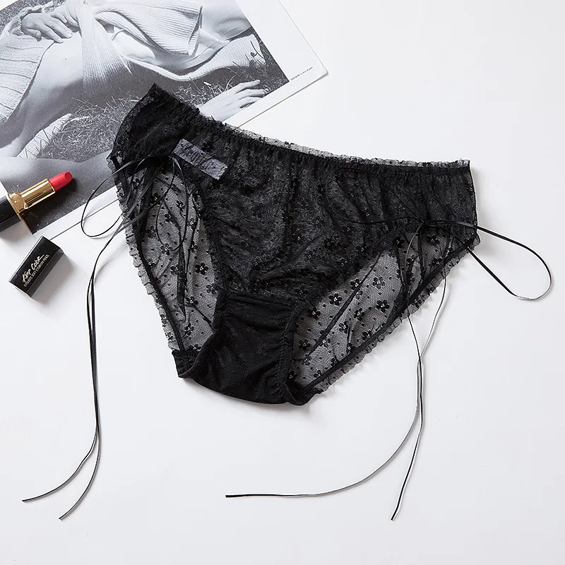 

Lace Sexy Women Panties Flower Ribbon Briefs Transparent Underpants Lingerie Temptation Low-waist Female Hollow Out Underwear