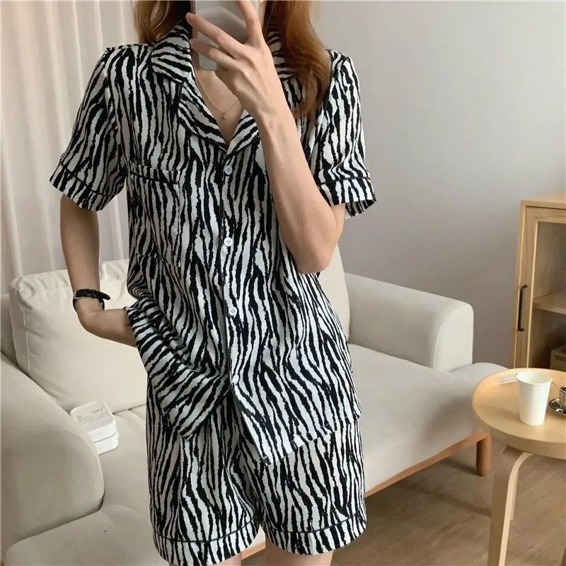 

QWEEK Korean Homewear Summer 2021 Pajamas Women Zebra Print Pyjama Sets Short Sleeve Pijamas Girls 2 Piece Set Sleepwear Nightie