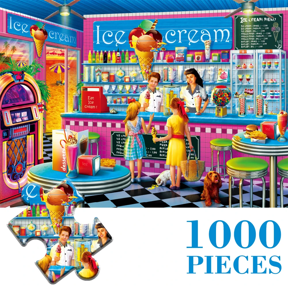 

MaxRenard Jigsaw Puzzles 1000 Pieces 68*49cm Paper Assembling Landscape Ice Cream Shop Painting Puzzles for Adults Kids Games