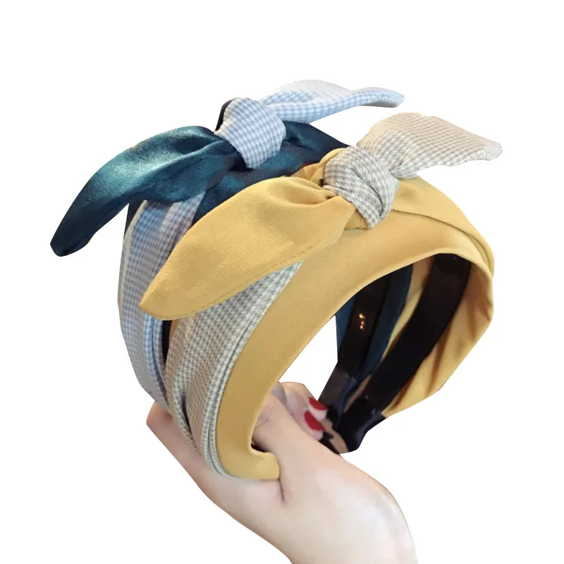 

South Korea's Headbands Quality Headgear Korean Simple Plaid Hit Color Rabbit Ears Bowknot Wide Side Toothed Non-slip Headband