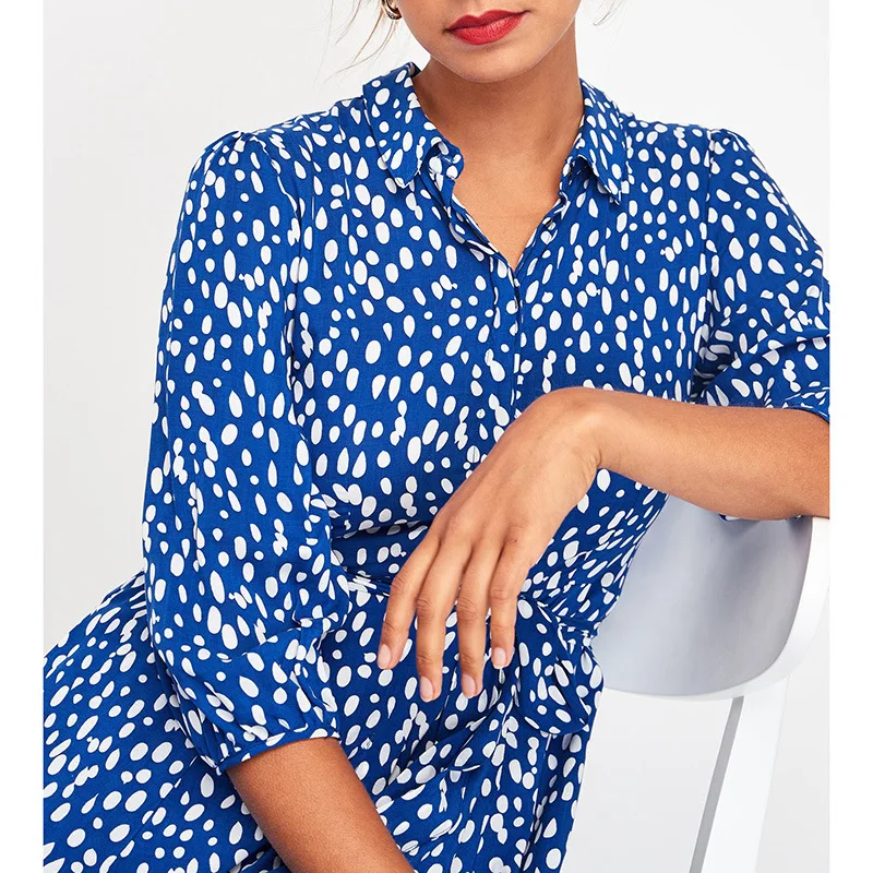 

2021 new casual wind wave dot printing lace-up pocket dress dress in stock