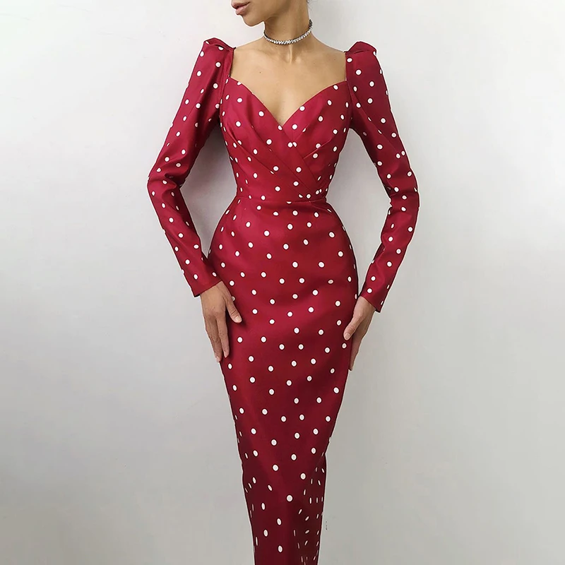 

Elegant Party Women Dress Mid V Neck Long Sleeve Pencil Dress Hight Waist Casual Office Lady Dots Print Puff Sleeve