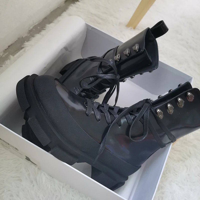 Design NEW Rock punk women shoes round toe patent leather med 5cm heel platform cross-tied Retro party boots | Обувь