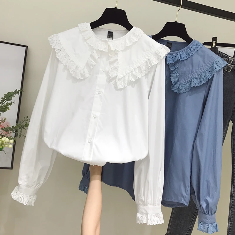 White Blouse Shirt Women Autumn Spring Long Sleeve Kwaii Shirts Female Blouses Casual Doll Collar Shirt Simple Top