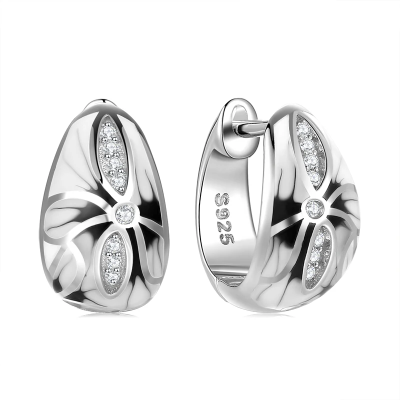 

Fashion 925 Silver Chinese Style Black and White Ink Painting Flowers CZ Handmade Enamel Earrings for Women Original Jewelry