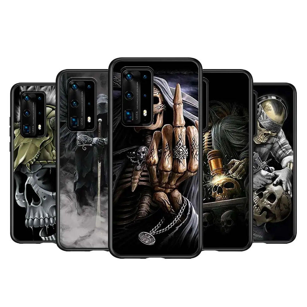 

Soft TPU Grim Reaper Skull Skeleton For Huawei P40 P30 P20 P50 Pro Plus P10 P9 P8 Lite 2019 2017 RU E Mini 5G Black Phone Case