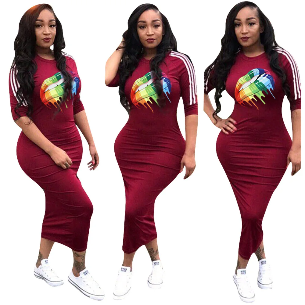 Повседневное Для женщин Bodycon платье летние модные разноцветные радужные губы офсетная печать обхват талии, обхват бедер, ужин платья для Для женщин vestidos mujer