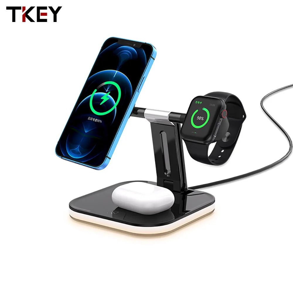 

Беспроводное зарядное устройство TKEY 3 в 1, магнитное, 15 Вт, для IPhone, Huawei IWatch 5, 6, AirPods Pro, Быстрая Зарядка QI