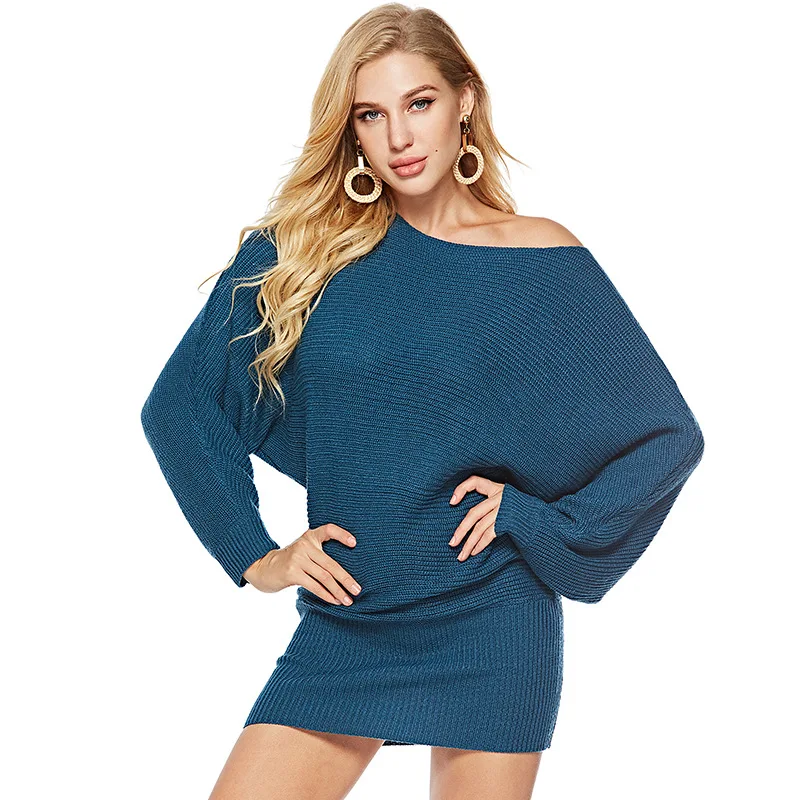 

2021 Spring and Autumn New Plus Size Dress One Word Collar Bat Sleeve Women's Knitted Skirt