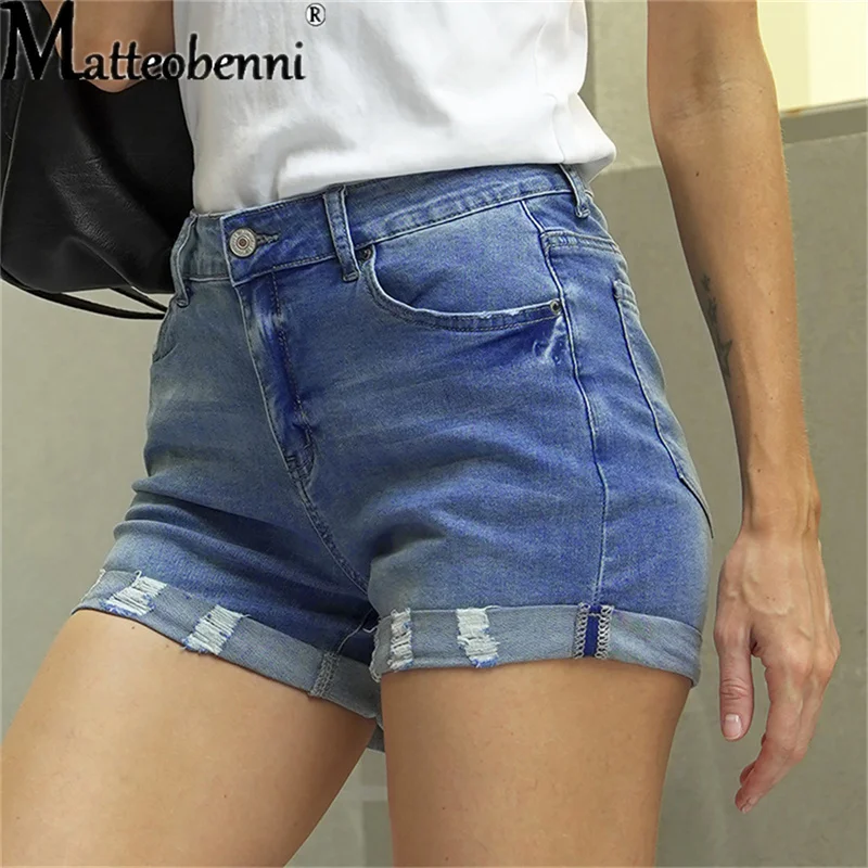 Женские джинсовые шорты с дырками модные повседневные обжимные летние синие