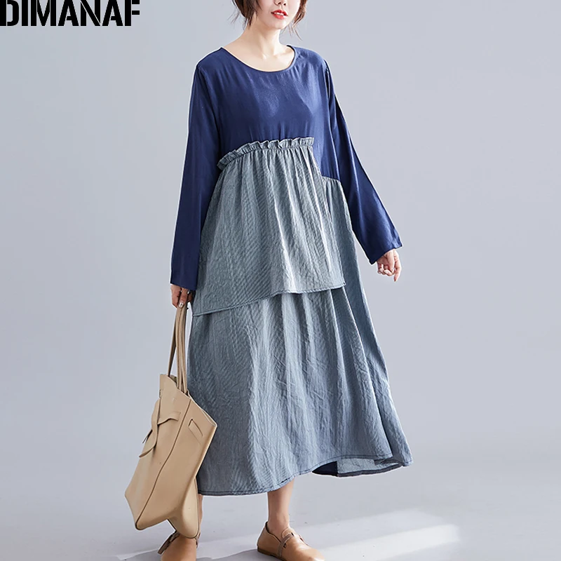 DIMANAF, женское платье, винтажное, размера плюс, осень, Vestidos, хлопок, лен, пэчворк, в полоску, женское, Elegnat, женское платье с длинным рукавом