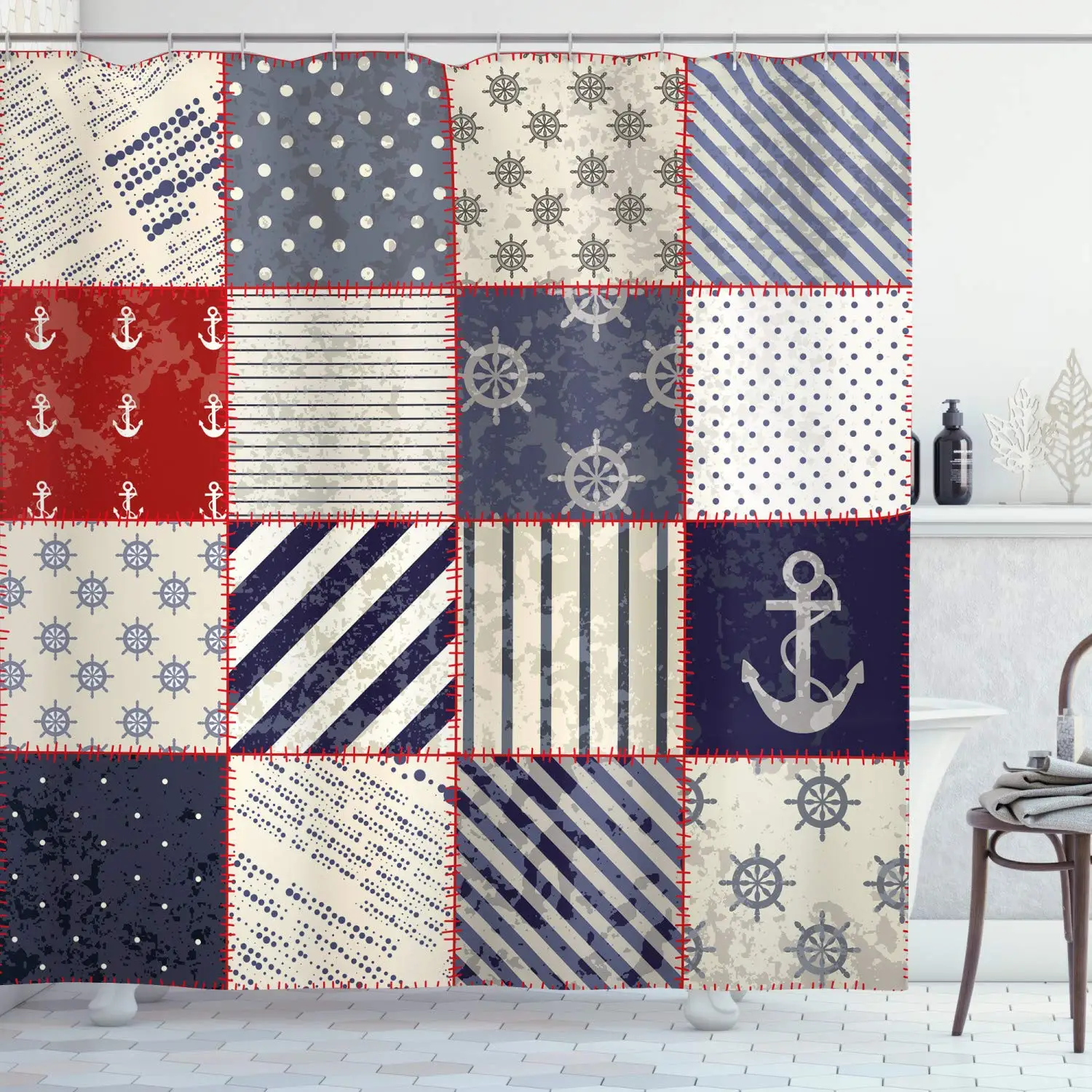 

Nautical Shower Curtain Maritime and Nautical Life Design with Vintage Sailor Knot Anchor Motifs Cloth Fabric Bathroom Decor Set