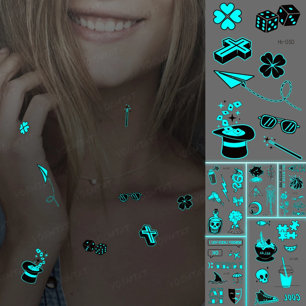 

Luminous Stickers Neck Tattoo Temporary Glitter Tattoo Kids Cross Dice Clover Paper Airplane Magic Hat Neck Tato Green Blue Glow