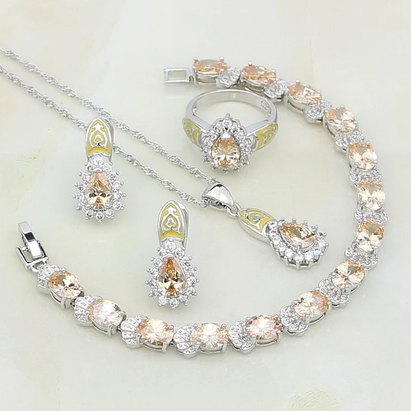 

Varnish Champagne Zircon White Crystal 925 Sterling Silver Jewelry Set For Women Stud Earring/Pendant/Necklace/Bracelet/Ring