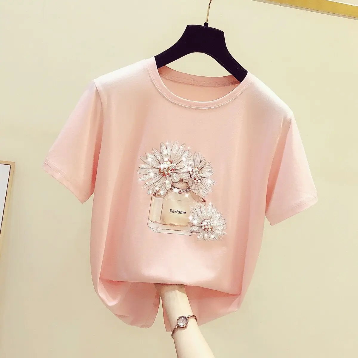 

Pure Cotton Small Daisy Print T-shirt Women's Short-sleeved 2021 Summer New Korean Version Beaded Sequins Printed Top