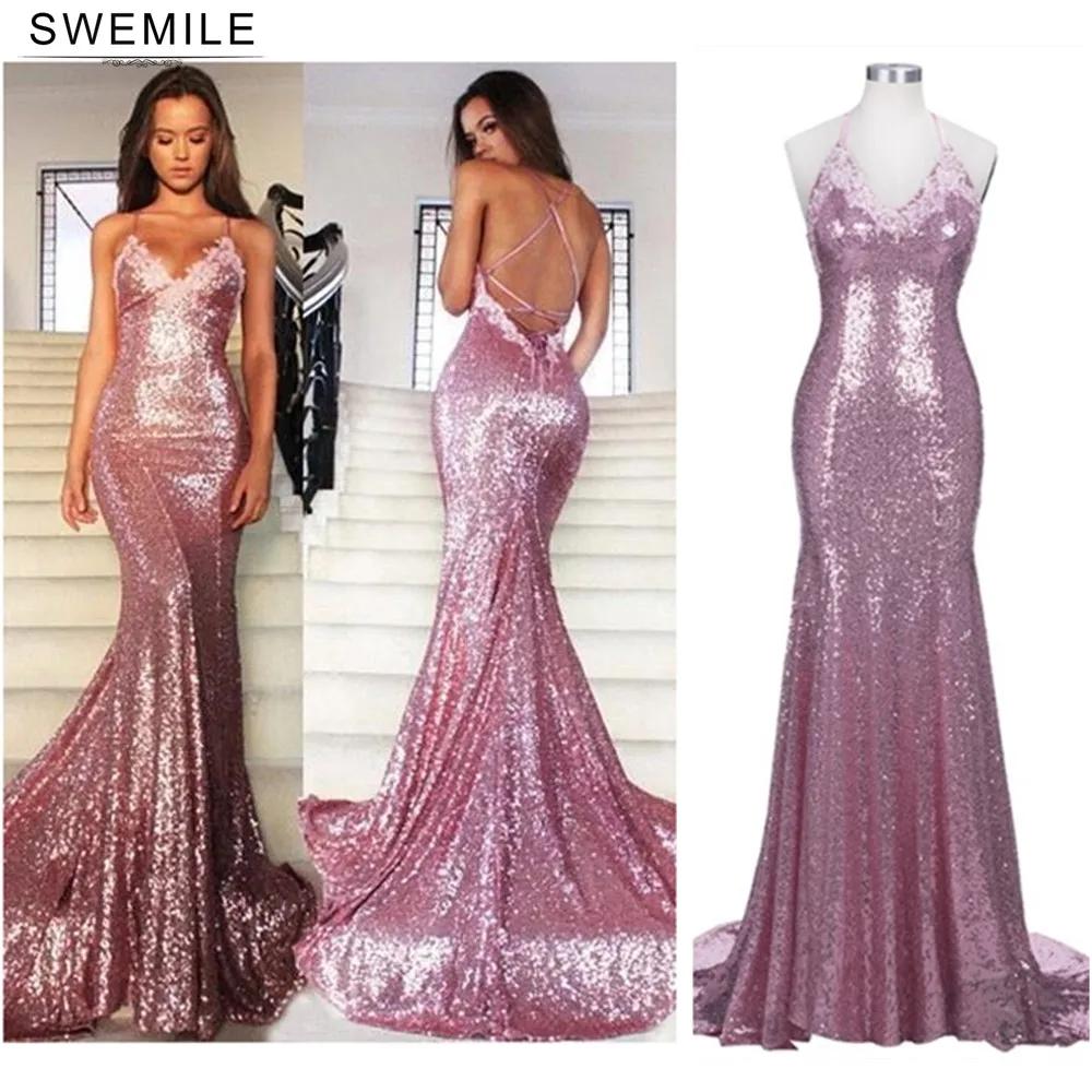 Женское вечернее платье-русалка длинное Розовое Бальное Платье с открытой