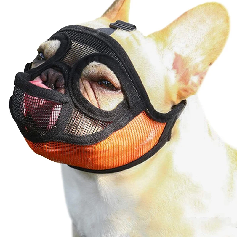 

Short Snout Dog Muzzle - Adjustable Breathable Mesh Bulldog Muzzle with Tongue Out Design for Barking Biting Chewing Training