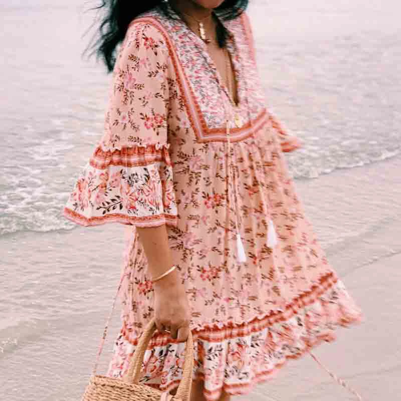 Женское платье мини из вискозы с цветочным принтом и V образным вырезом|Женские