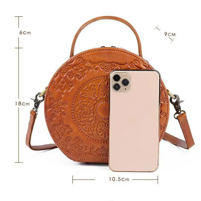 

Bestform Retro Handbag Genuine Leather Totem Women Small Circular Bag 2021 New Versatile Soft Cowhide Shoulder Messenger Bags
