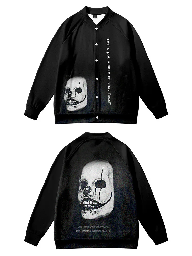 Мужская винтажная бейсбольная куртка черная однобортная Свободная с принтом