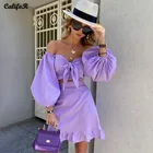 Соблазнительные комплекты из платья с вырезами, осенние женские костюмы с бантом и юбкой, однотонное милое платье с оборкой, Женский комплект