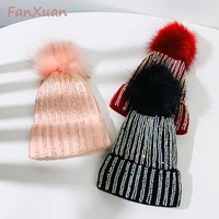 new winter hats for women big pompom knitted ski hats thick plush fleece lined shiny crystal deco bonnets for women outdoor