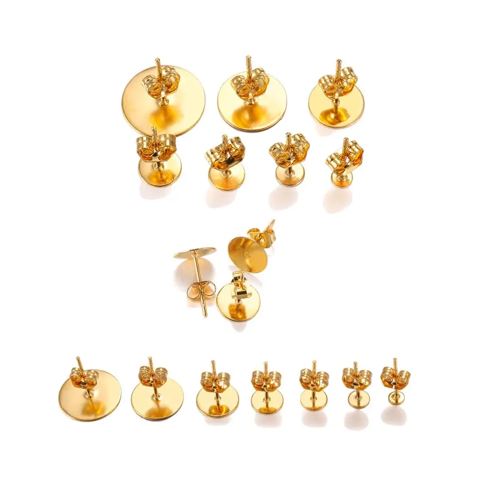 

20pcs/lot 3-12mm Gold Stainless Steel Earring Studs Base Pins Blank Base Settings With Back Stopper Plug For DIY Jewelry Making
