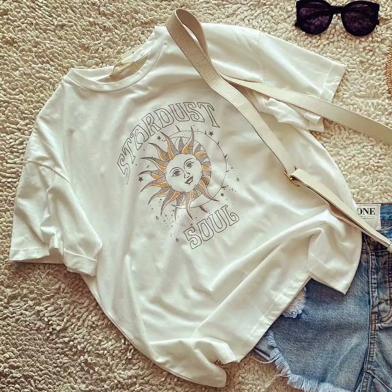 Богемный Вдохновленный белая футболка женская с короткими рукавами летняя для