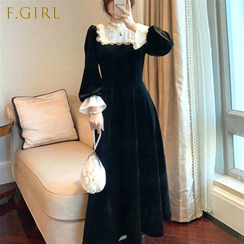 

French Retro Black Midi Dress Women Elegant One Piece Dress Korean 2021 Autumn SLim Lace Evening Party Velvet Dress Female Cute