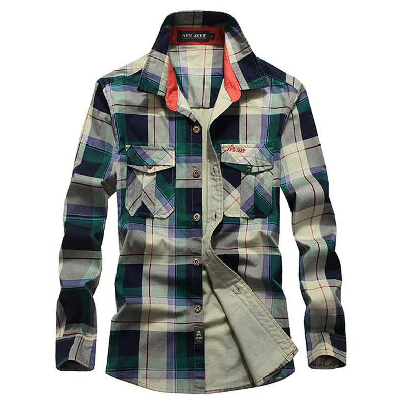 Мужская рубашка в клетку Повседневная стиле милитари 2020 хлопок с длинным рукавом