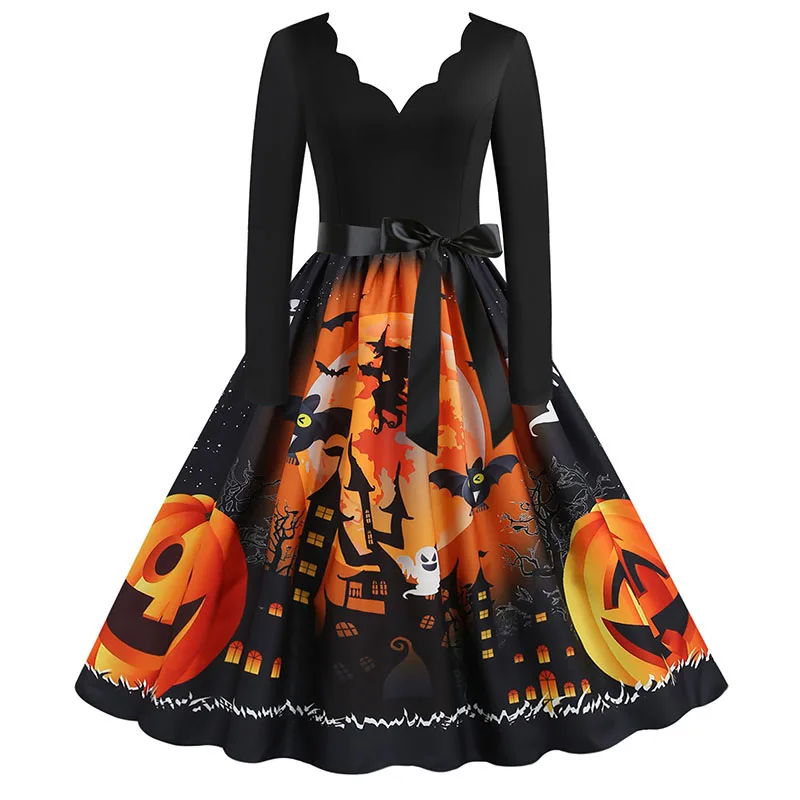 

Women Halloween Dress S~3XL Vintage Pumpkin Printed V-Neck Long Sleeve Swing Winter Party Festival Sundress