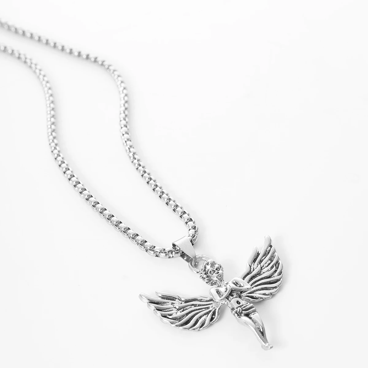 

Purui Long Cuban Chain Men Necklce Silver Color Stainless Steel Angel Wing Pedant Necklace for Women Punk Couple Neck Collar