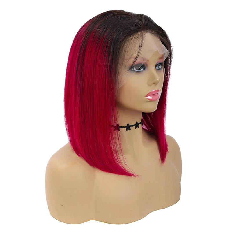 13x4 Lace Front Human Hair Wigs Ombre 99J/Burgundy RedWine Short Bob Wig For Women Brazilian Straight 150% SOKU|Парик из