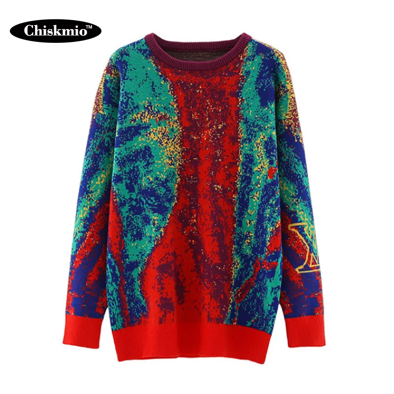 

Printed Colorful Knitted Sweater Women Streetwear Outwear Loose O-Neck Pullover Ladies Winter Warm Korean Knitwear Harajuku