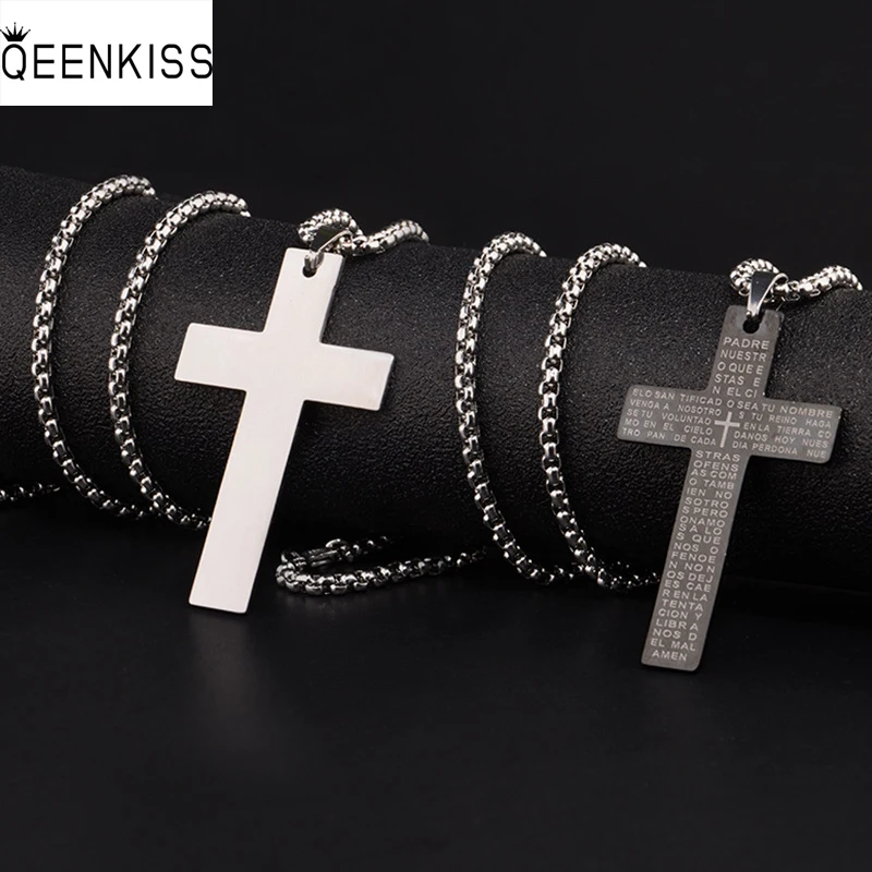

QEENKISS NC8115 Fine Jewelry Wholesale Fashion Woman Man Birthday Wedding Gift Scripture Cross Pendant Titanium Steel Necklace