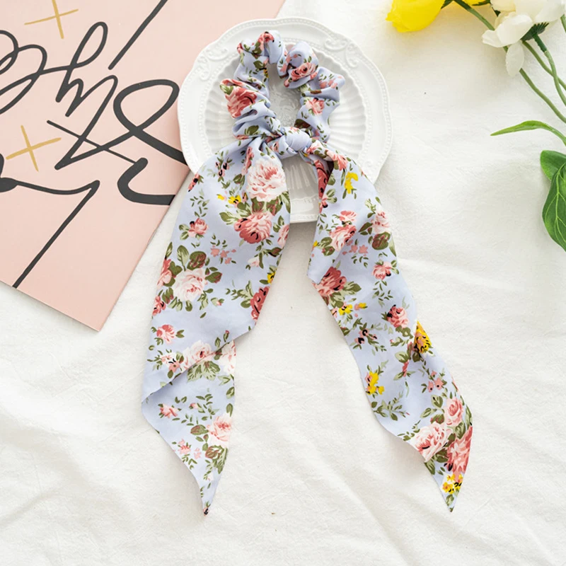 

DIY Solid/Floral Print Bow Satin Long Ribbon Ponytail Scarf Hair Tie Scrunchies Women Girls Elastic Hair Bands Hair Accessories
