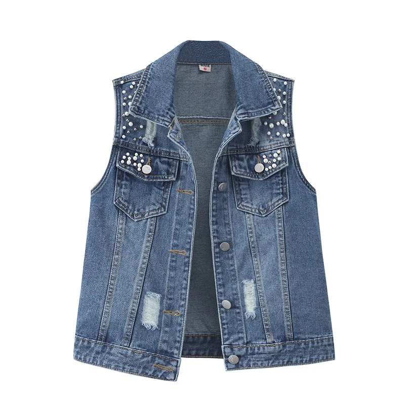 

2021 summer new fashion all-match beaded denim vest women
