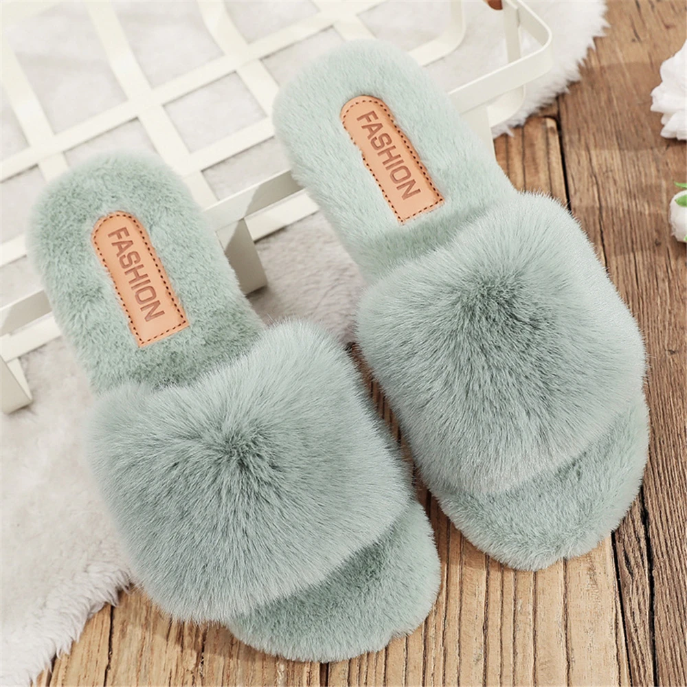 

2021 Winter Women Furry Slippers Soft Plush Faux Fur Floor Shoes Indoor Ladies Warm Home Slippers Open Toe Fluffy House Slides