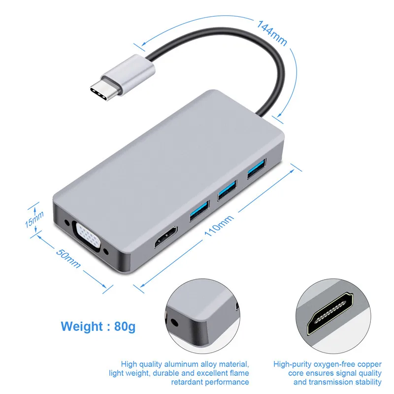 Usb-концентратор 5 в 1 USB C HDMI VGA двойной дисплей адаптер с 3 0*3 4K 1080P @ 60 Гц Thunderbolt Type