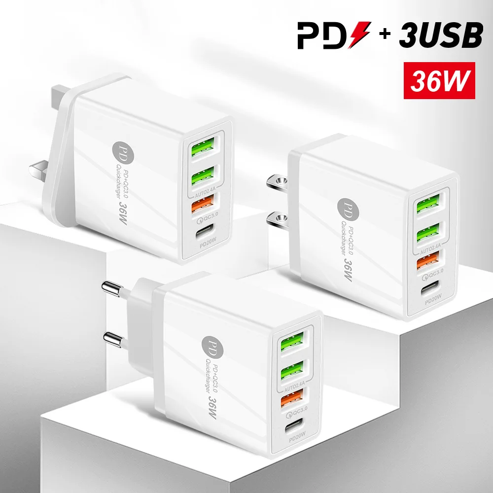 

Fast Charging Mobile Phone Charger Multi Port USB travel charger with PD charging head Pd36w + qc3.0 2.4a dual USB