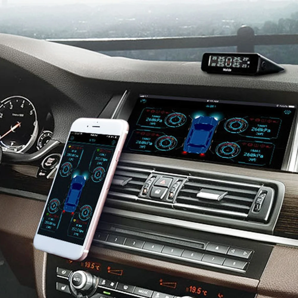 

Solar Voice Buzzer Tire Pressure Safety Monitoring System Bluetooth APP Tire Temperature/Pressure Monitor 4PCS External Sensor