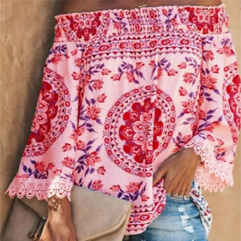 

Summer Off Shoulder Floral Print Blouse Shirts Women Elegant Lace Top Vintage Long Sleeve Ladies Office Blouses